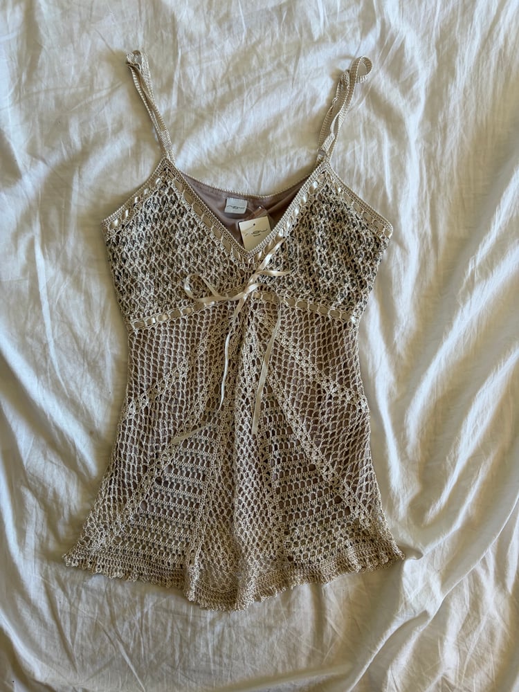 Vintage Y2K crochet beaded cami with ribbon bust detail BNWT