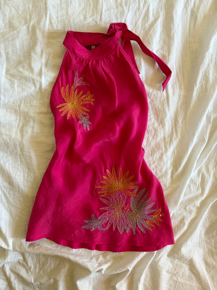 Vintage Y2K pink silk halter neck with floral embroidery