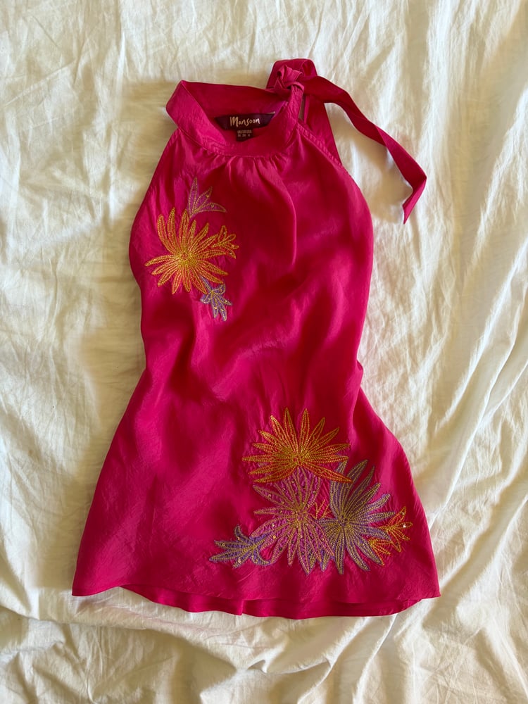 Vintage Y2K pink silk halter neck with floral embroidery