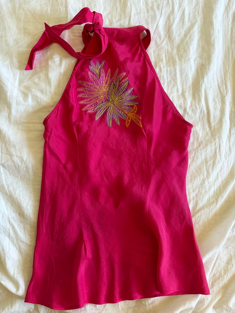 Vintage Y2K pink silk halter neck with floral embroidery