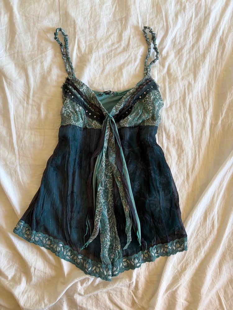 Vintage Y2K asymmetrical hem blue forest fairy cami with sequins and sparkly detail