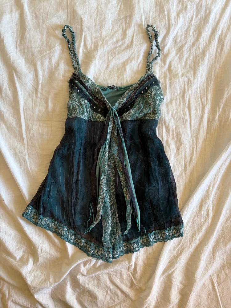 Vintage Y2K asymmetrical hem blue forest fairy cami with sequins and sparkly detail