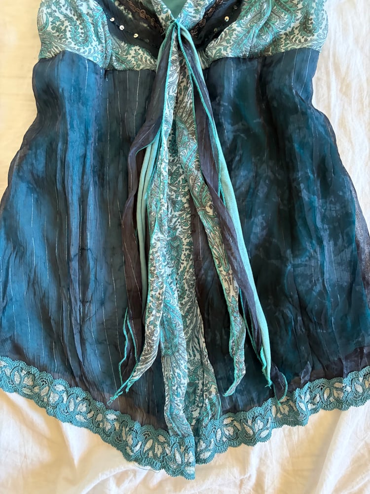 Vintage Y2K asymmetrical hem blue forest fairy cami with sequins and sparkly detail