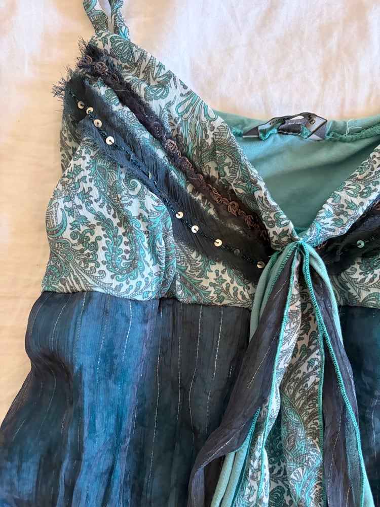 Vintage Y2K asymmetrical hem blue forest fairy cami with sequins and sparkly detail