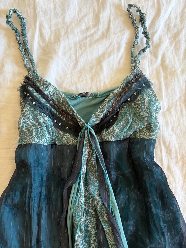 Vintage Y2K asymmetrical hem blue forest fairy cami with sequins and sparkly detail