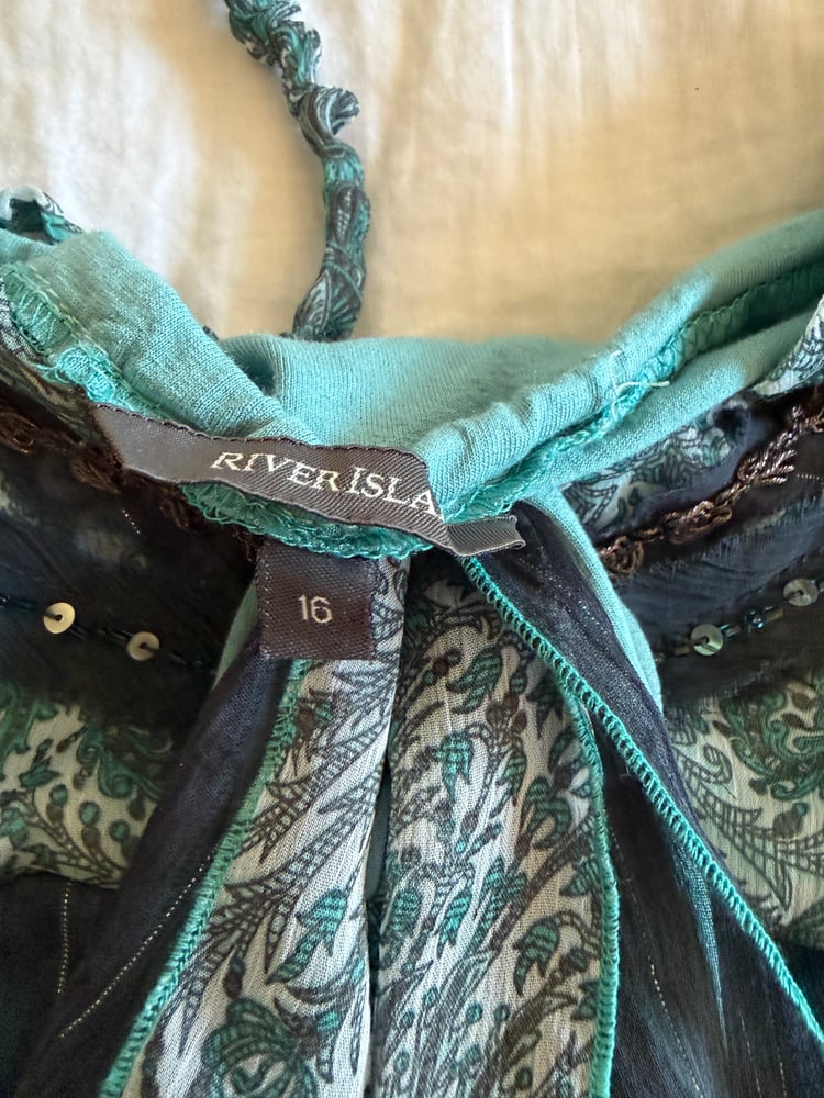 Vintage Y2K asymmetrical hem blue forest fairy cami with sequins and sparkly detail