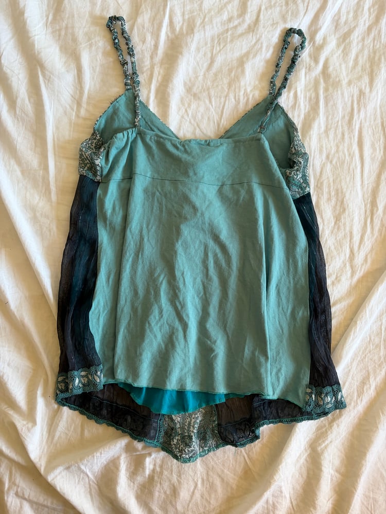 Vintage Y2K asymmetrical hem blue forest fairy cami with sequins and sparkly detail
