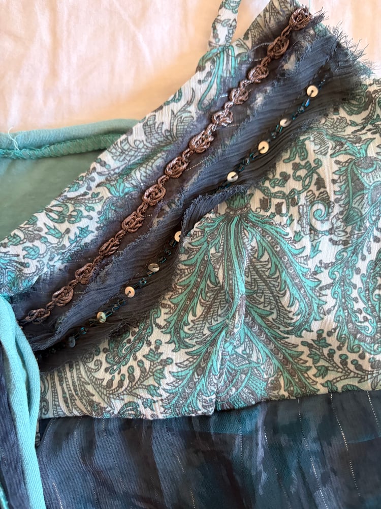 Vintage Y2K asymmetrical hem blue forest fairy cami with sequins and sparkly detail