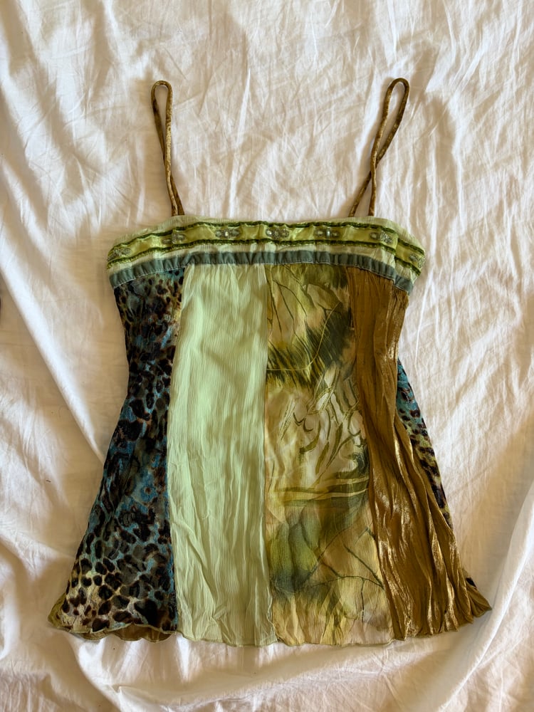 Vintage Y2K green forest fairy patchwork cami with beaded detail