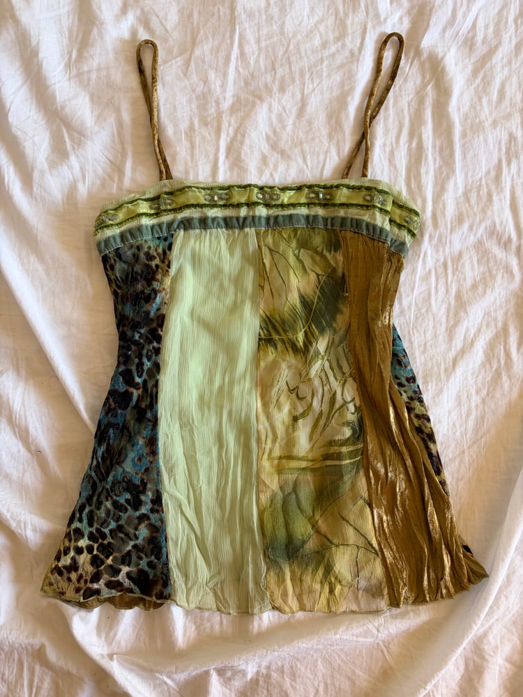 Vintage Y2K green forest fairy patchwork cami with beaded detail