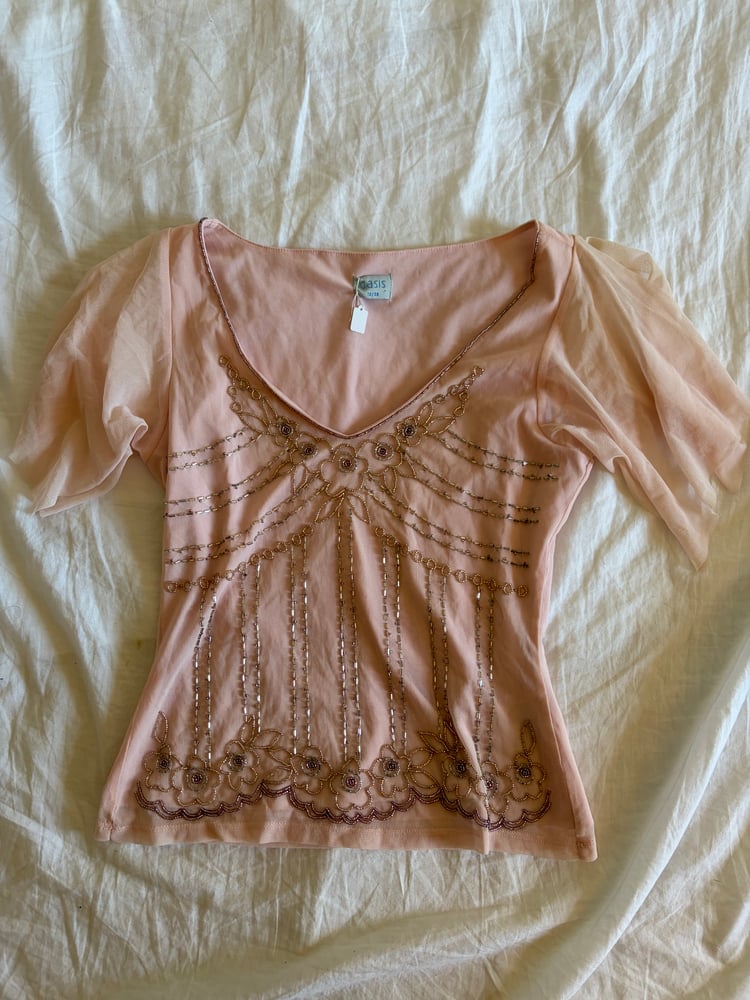Vintage Y2K baby pink floral beaded top