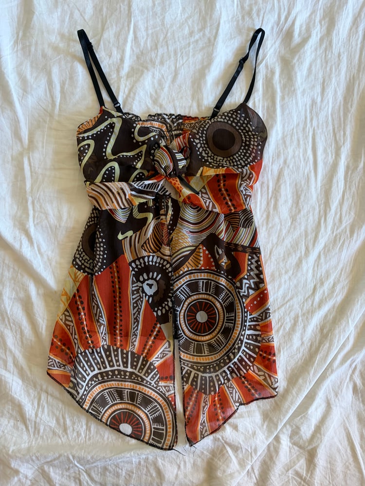 Vintage Y2K asymmetrical hem fairy brown abstract print cami