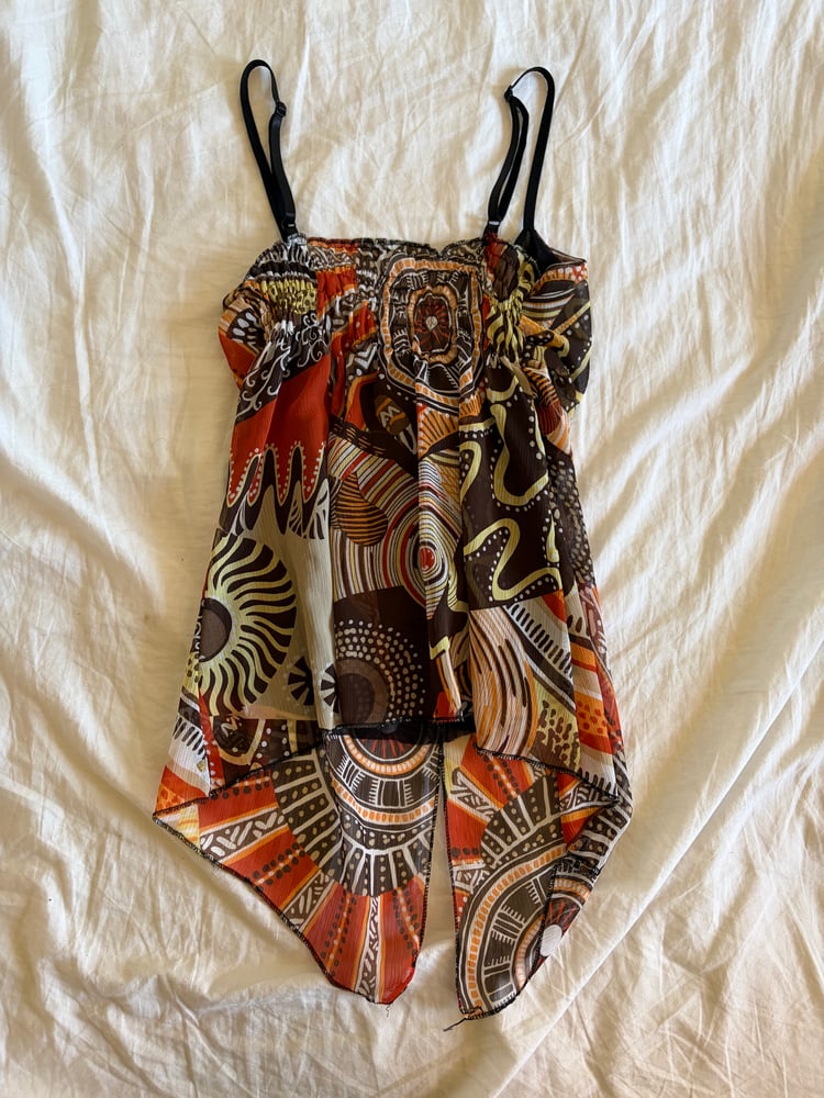 Vintage Y2K asymmetrical hem fairy brown abstract print cami