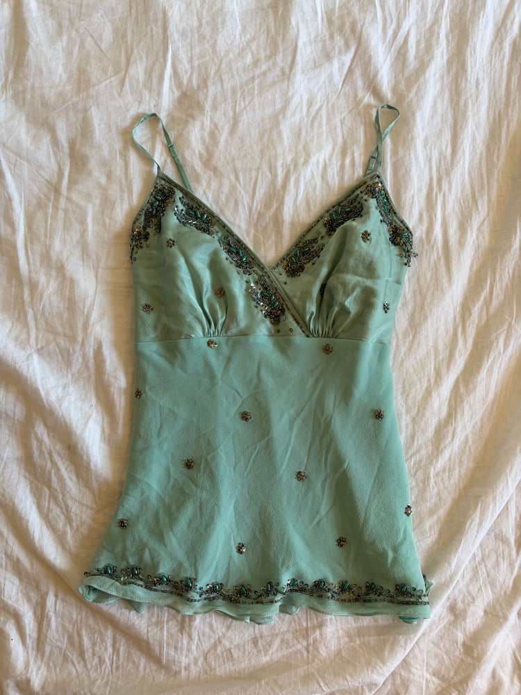 Vintage Y2K turquoise beaded silk fairy cami