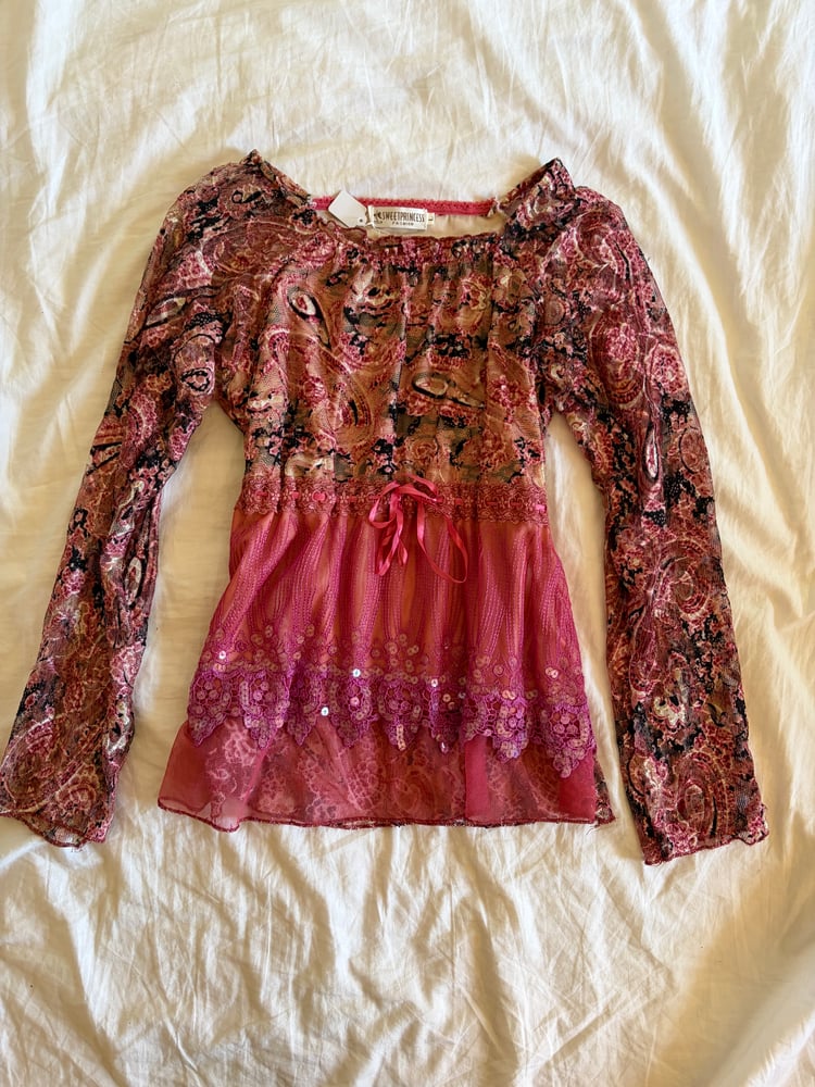 Vintage Y2K pink sequin lace embellished long sleeve top with ribbon tie detail