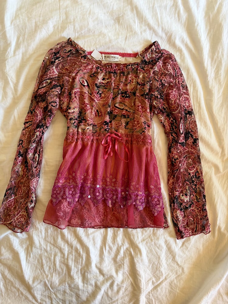 Vintage Y2K pink sequin lace embellished long sleeve top with ribbon tie detail