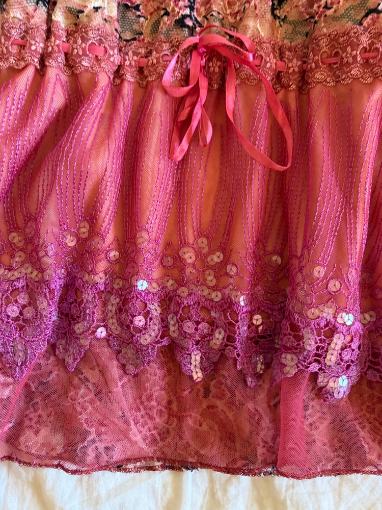 Vintage Y2K pink sequin lace embellished long sleeve top with ribbon tie detail