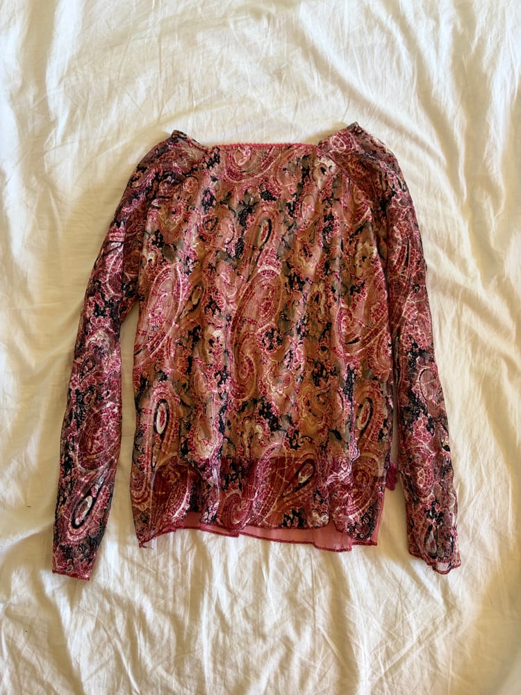 Vintage Y2K pink sequin lace embellished long sleeve top with ribbon tie detail