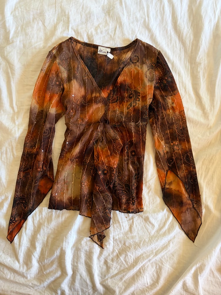 Vintage Y2K asymmetrical hem brown tie dye sequin fairy top with witchy sleeves