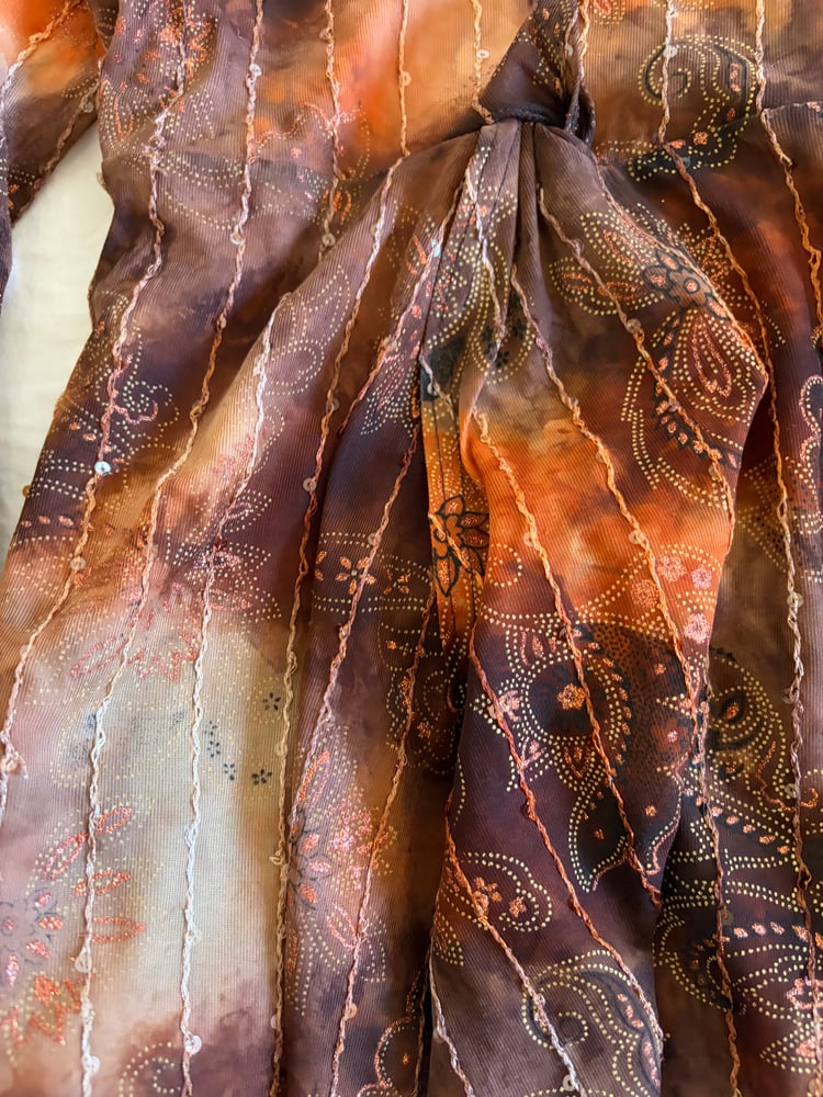 Vintage Y2K asymmetrical hem brown tie dye sequin fairy top with witchy sleeves