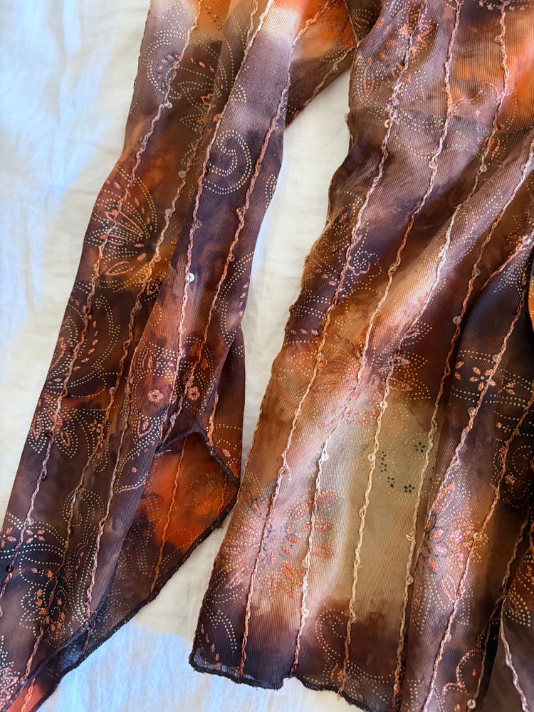 Vintage Y2K asymmetrical hem brown tie dye sequin fairy top with witchy sleeves
