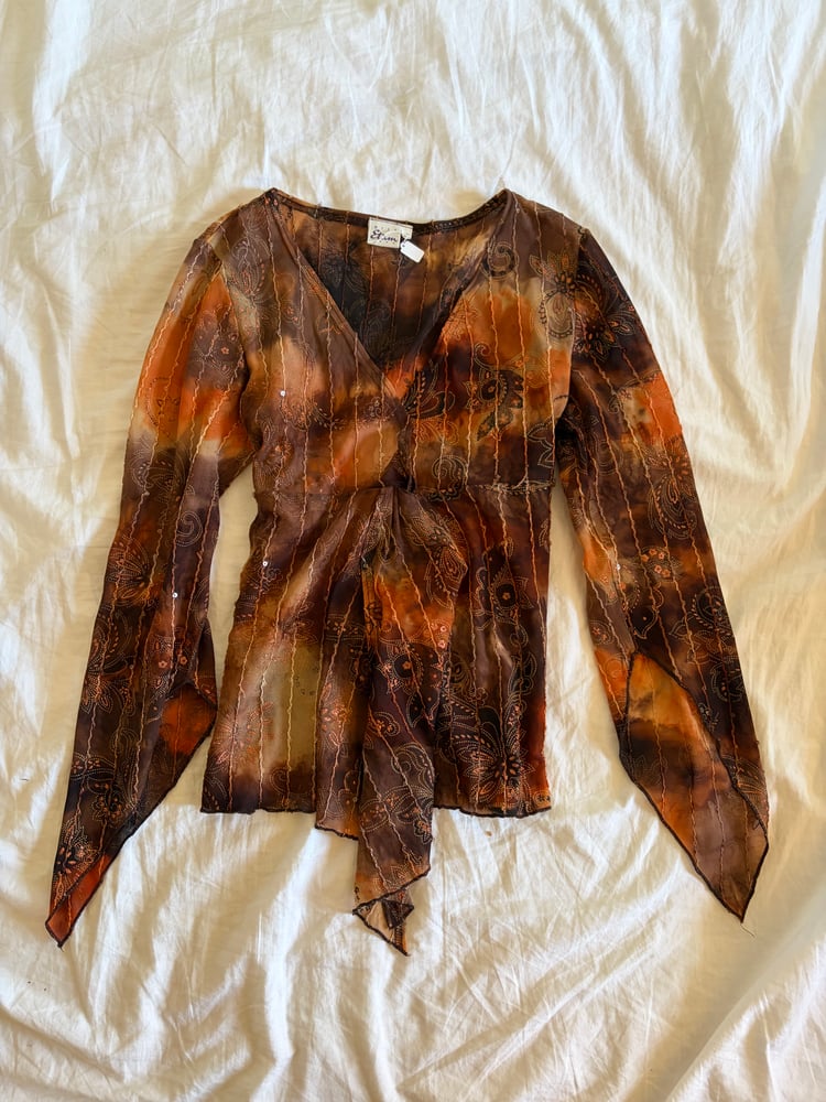 Vintage Y2K asymmetrical hem brown tie dye sequin fairy top with witchy sleeves