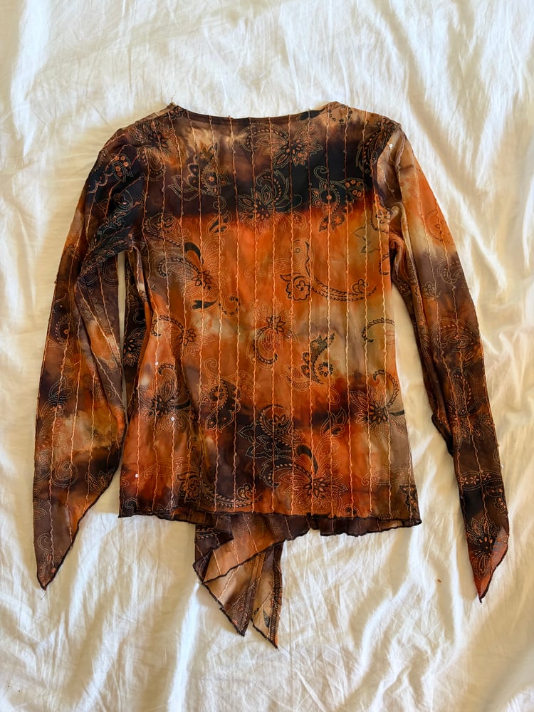 Vintage Y2K asymmetrical hem brown tie dye sequin fairy top with witchy sleeves