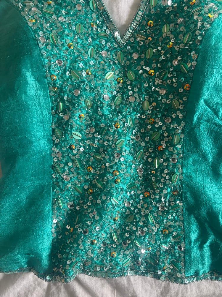 Vintage Y2K Aftershock turquoise beaded and iridescent sequin silk corset style halterneck