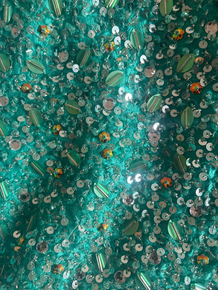 Vintage Y2K Aftershock turquoise beaded and iridescent sequin silk corset style halterneck