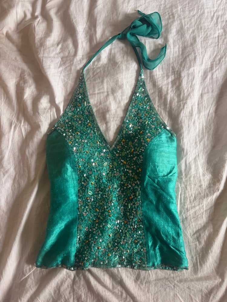 Vintage Y2K Aftershock turquoise beaded and iridescent sequin silk corset style halterneck