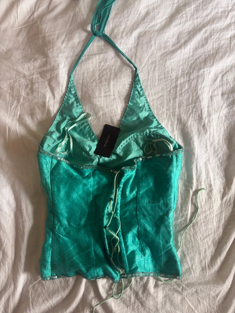 Vintage Y2K Aftershock turquoise beaded and iridescent sequin silk corset style halterneck