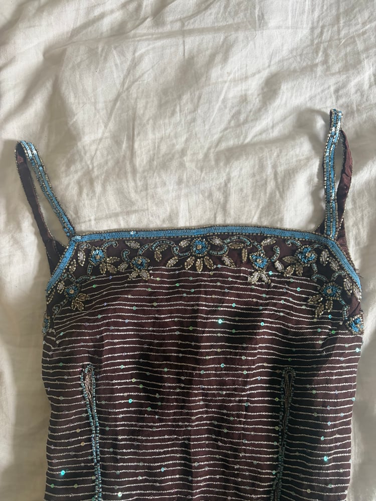 Vintage Y2K Aftershock purple asymmetrical hem beaded and iridescent sequin silk fairy cami