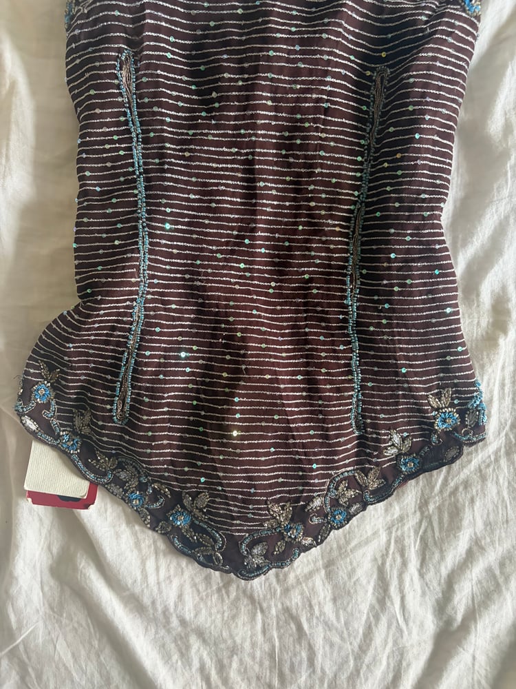 Vintage Y2K Aftershock purple asymmetrical hem beaded and iridescent sequin silk fairy cami