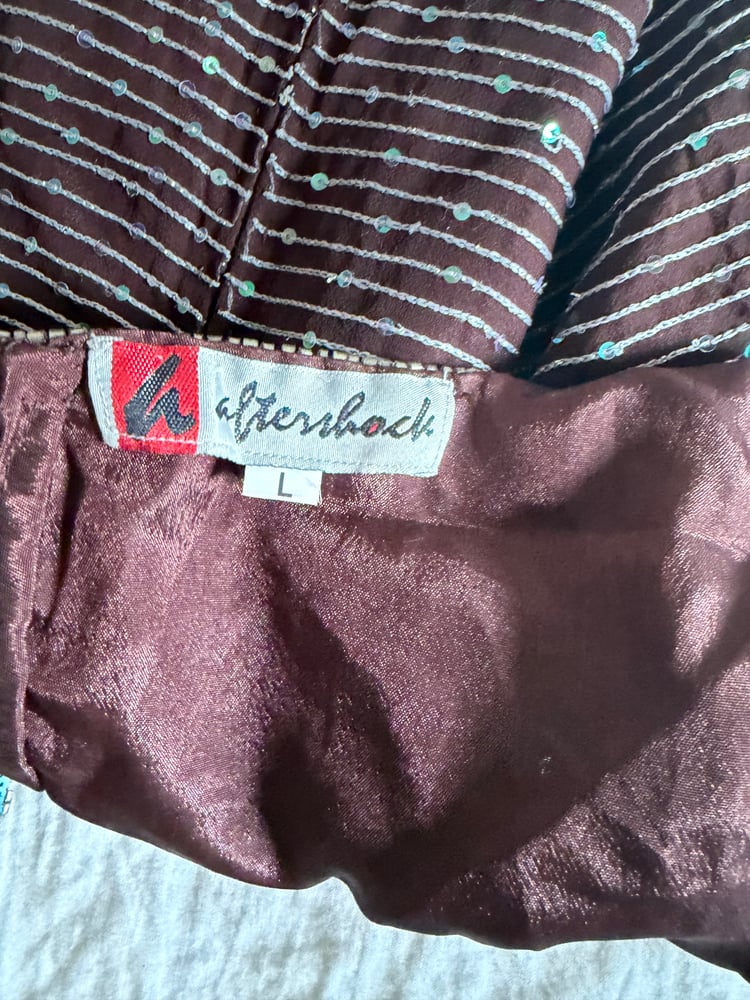 Vintage Y2K Aftershock purple asymmetrical hem beaded and iridescent sequin silk fairy cami