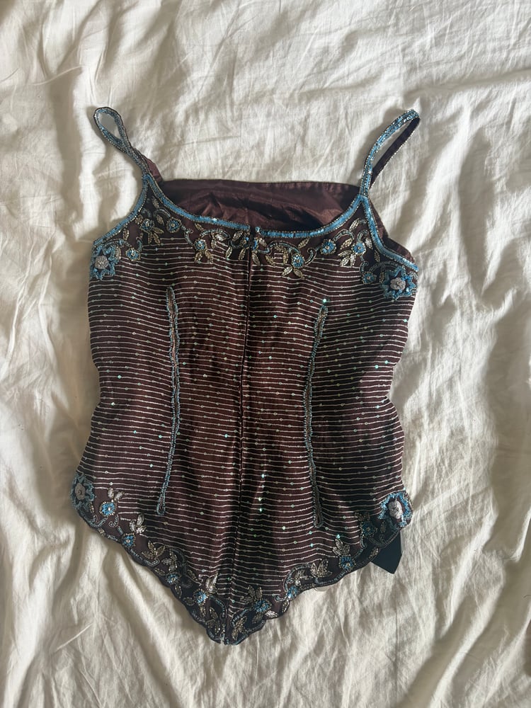 Vintage Y2K Aftershock purple asymmetrical hem beaded and iridescent sequin silk fairy cami