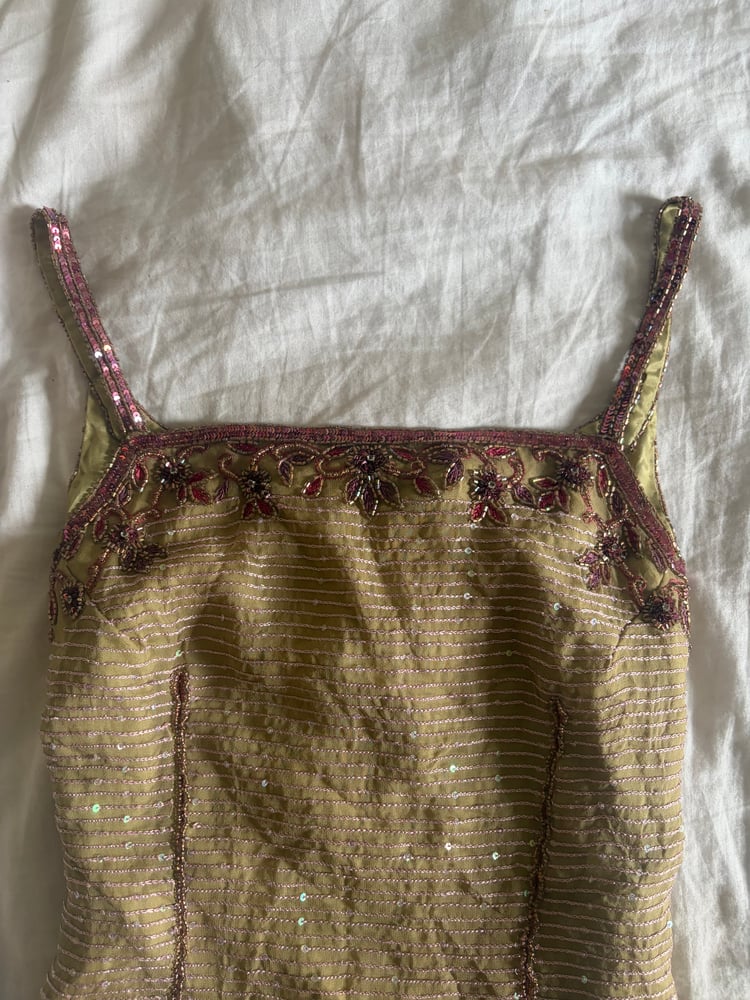 Vintage Y2K Aftershock asymmetrical hem beaded and iridescent sequin silk fairy cami