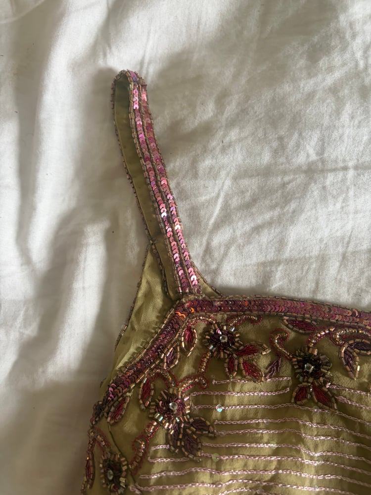 Vintage Y2K Aftershock asymmetrical hem beaded and iridescent sequin silk fairy cami