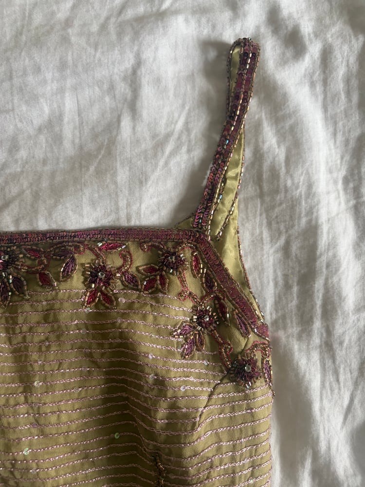 Vintage Y2K Aftershock asymmetrical hem beaded and iridescent sequin silk fairy cami