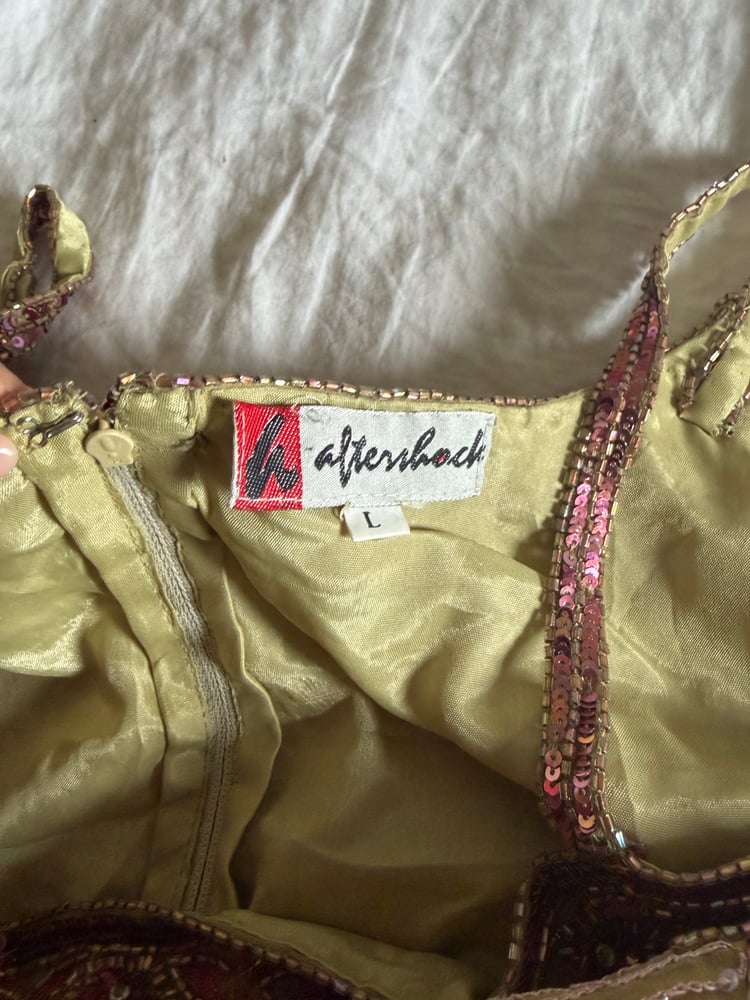 Vintage Y2K Aftershock asymmetrical hem beaded and iridescent sequin silk fairy cami