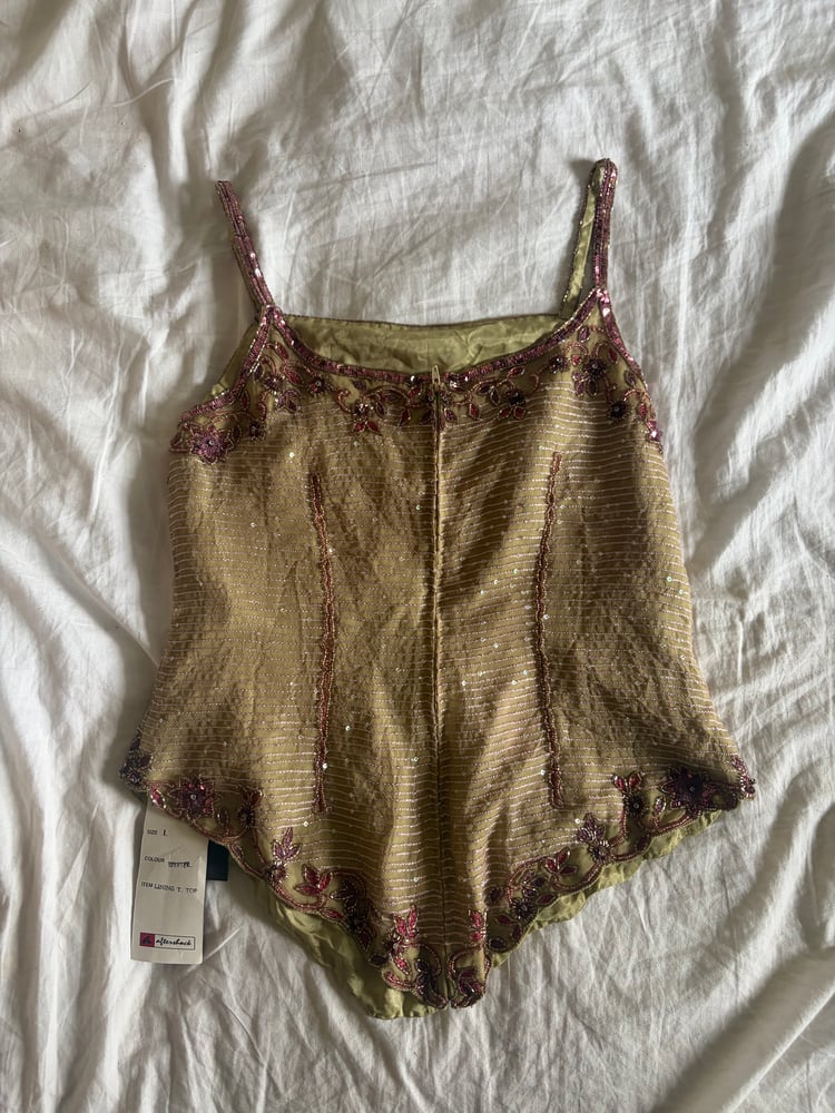 Vintage Y2K Aftershock asymmetrical hem beaded and iridescent sequin silk fairy cami