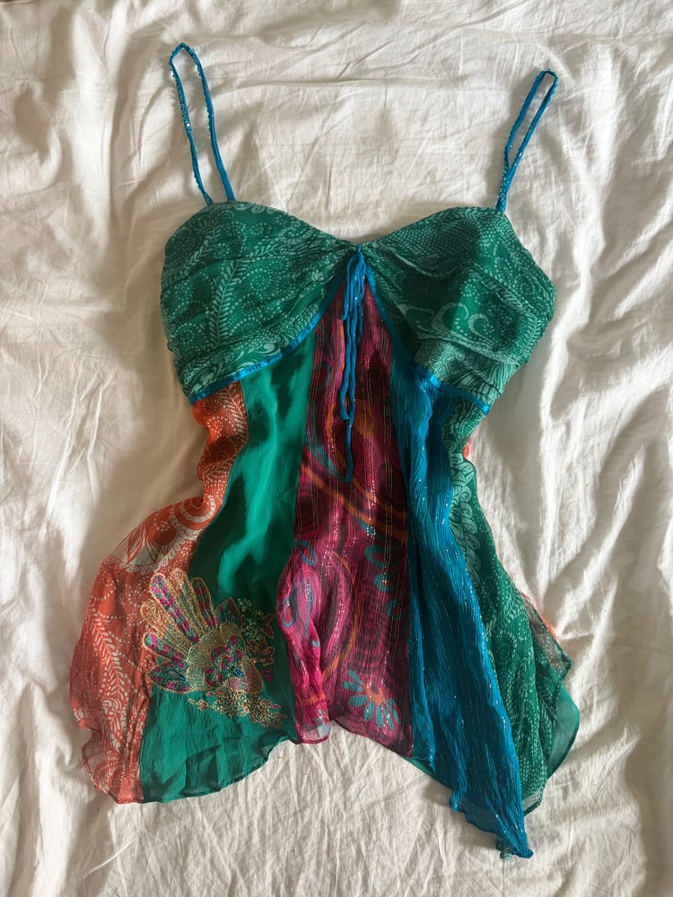 Vintage Y2K silk asymmetrical hem patchwork fairy cami with beaded straps