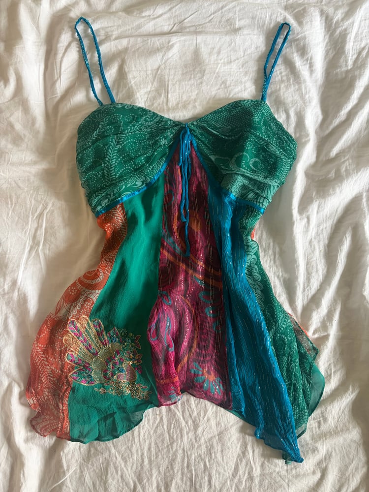 Vintage Y2K silk asymmetrical hem patchwork fairy cami with beaded straps