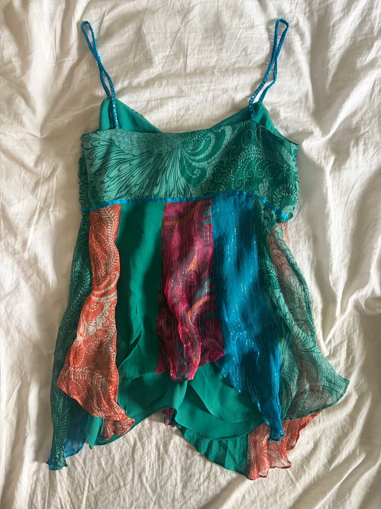 Vintage Y2K silk asymmetrical hem patchwork fairy cami with beaded straps