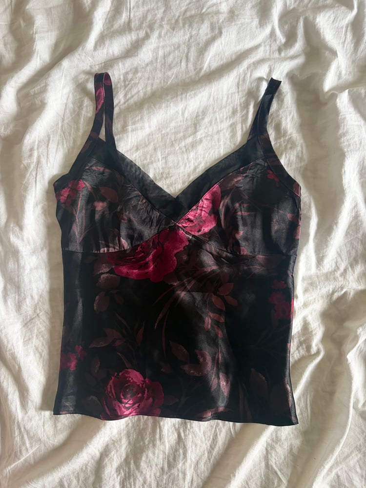 Vintage 90s gothic whimsy black floral cami with mesh on bust