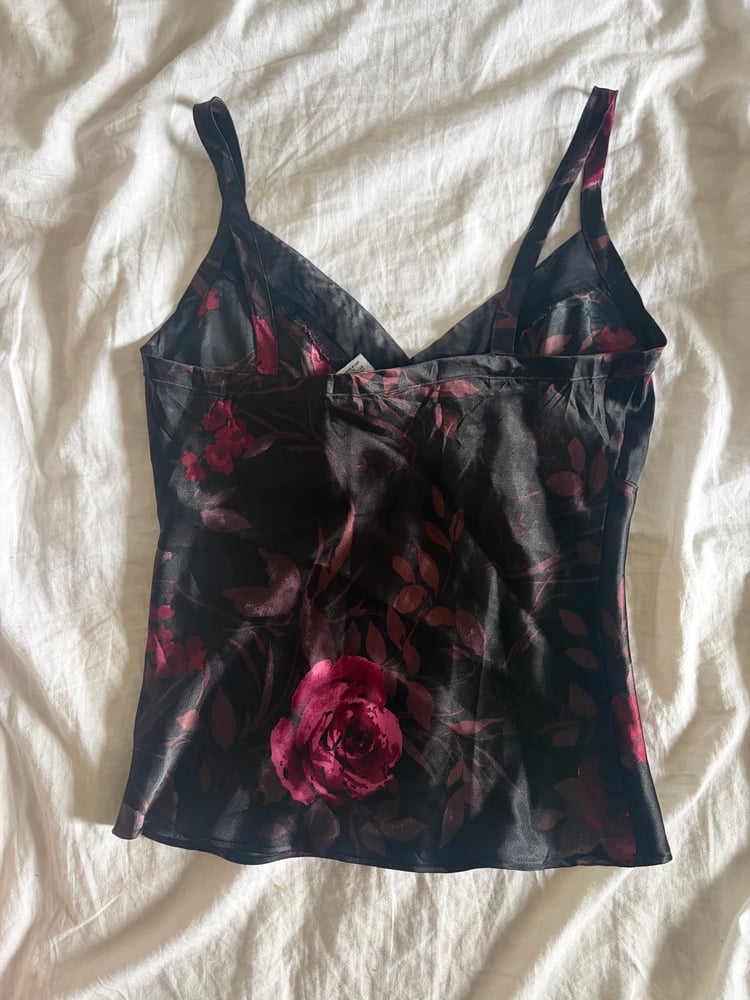 Vintage 90s gothic whimsy black floral cami with mesh on bust