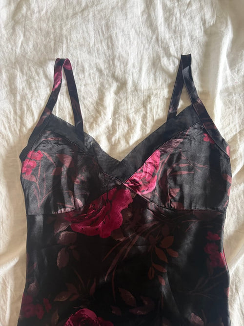Vintage 90s gothic whimsy black floral cami with mesh on bust