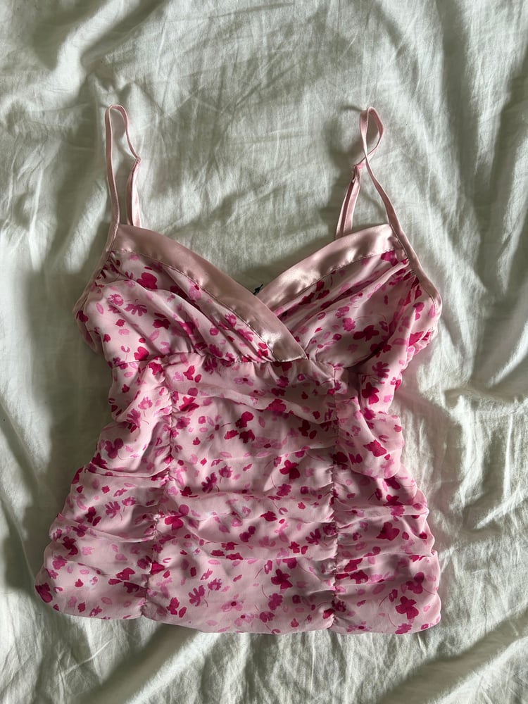 Vintage Y2K Etam baby pink floral ruched detail a cami