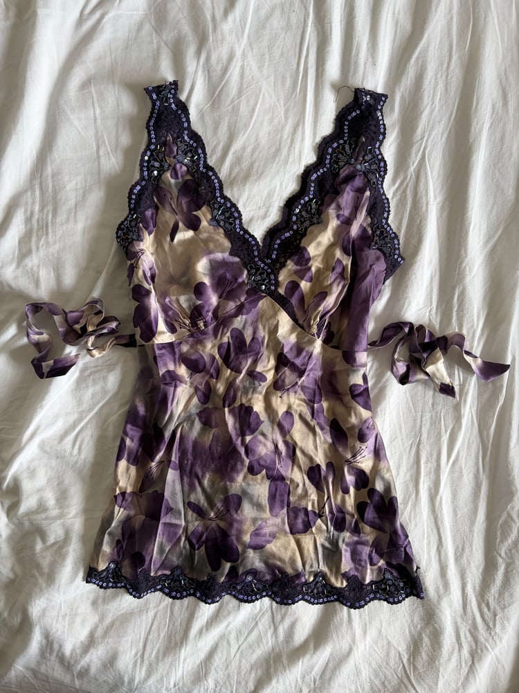 Vintage Y2K purple floral silk tie back sequin top
