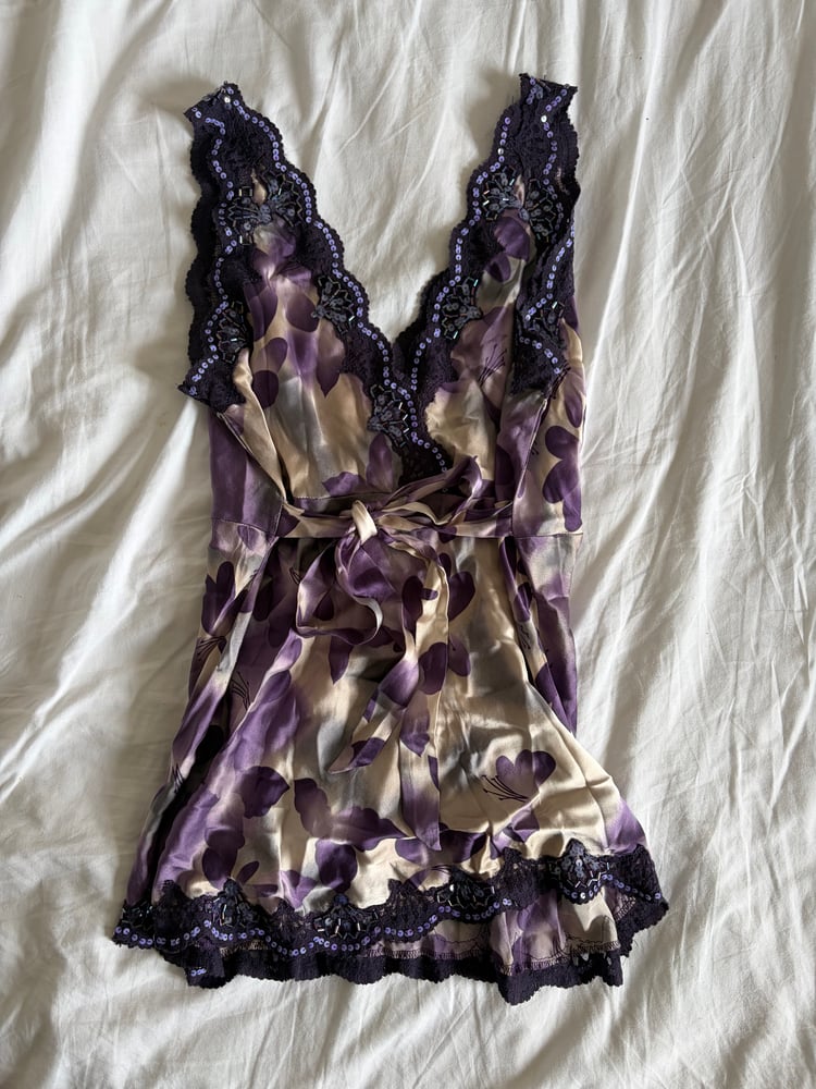 Vintage Y2K purple floral silk tie back sequin top