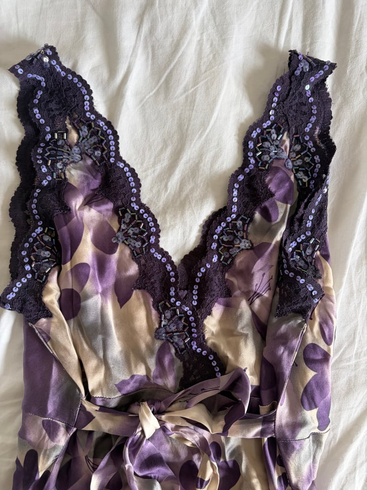 Vintage Y2K purple floral silk tie back sequin top
